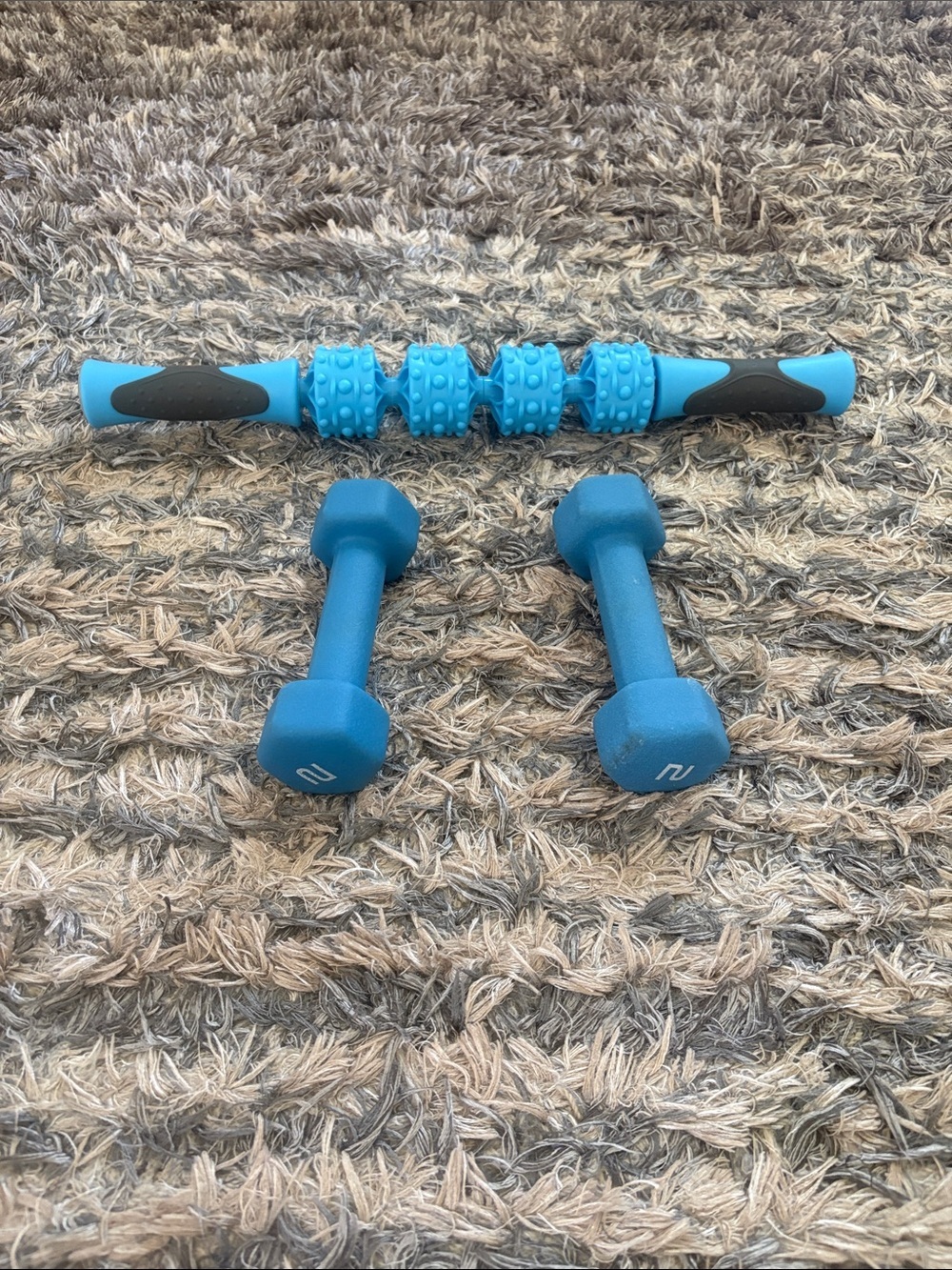 Pair of Blue 2 lb Neoprene Hex Dumbbells With a Fila Massage Roller
